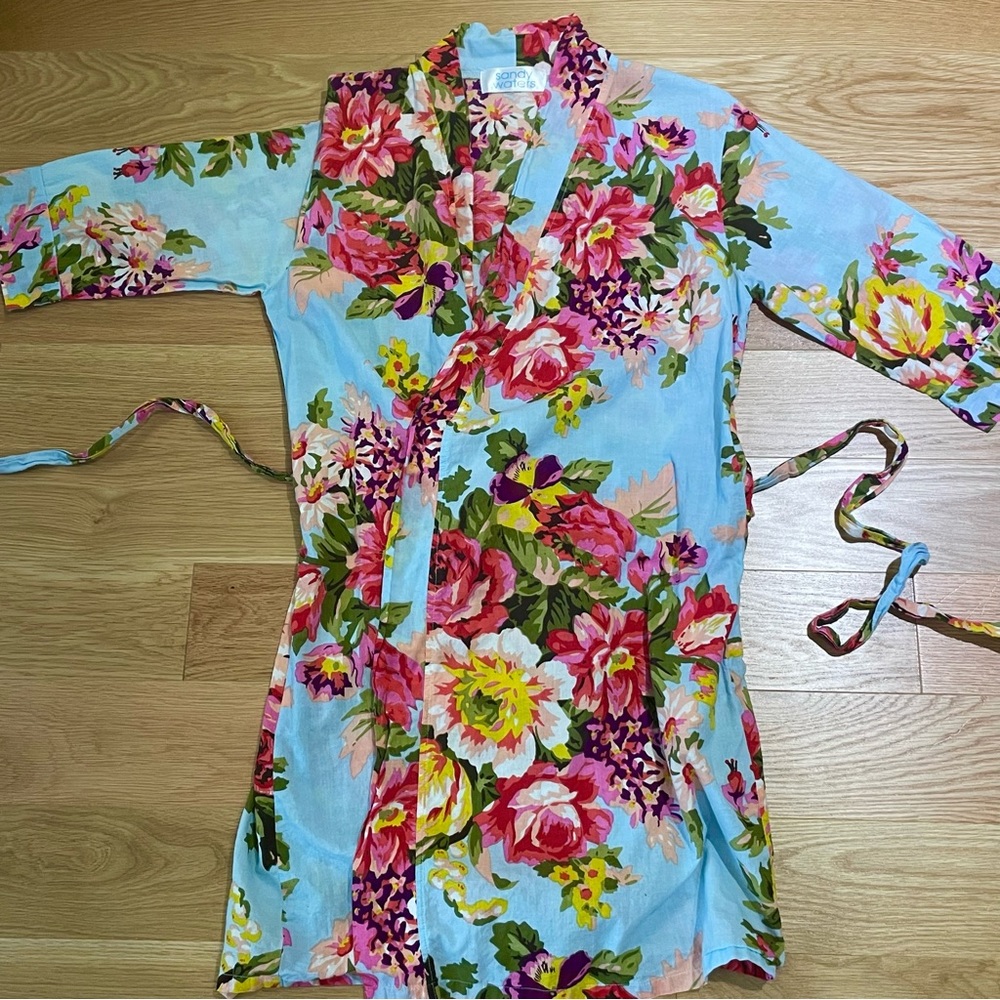 Sandy Waters Floral Lightweight Short Sleeve Cotton Belted Robe -Small